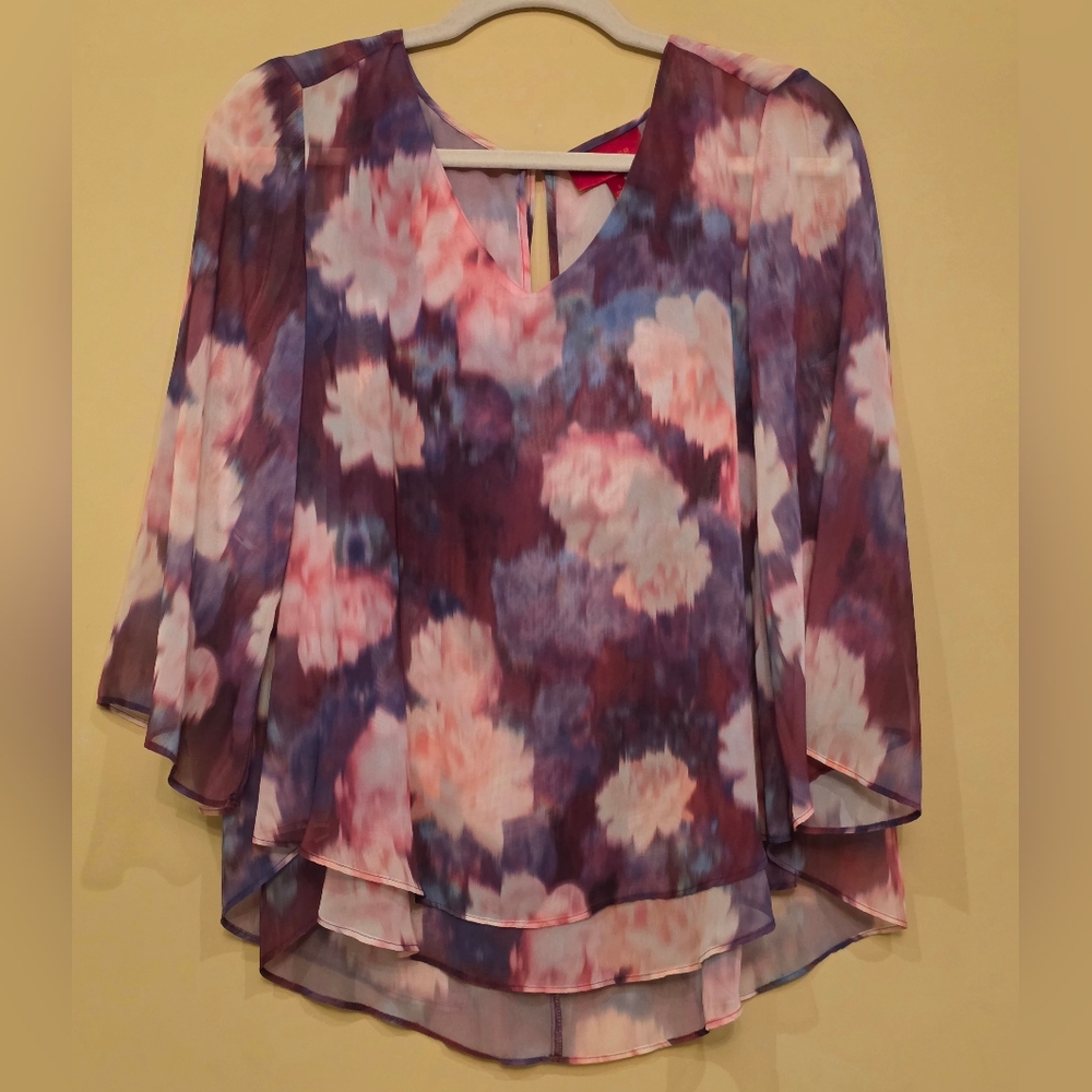 Jennifer Lopez (JLO) sheer chiffon layered blouse featuring a watercolors Size S